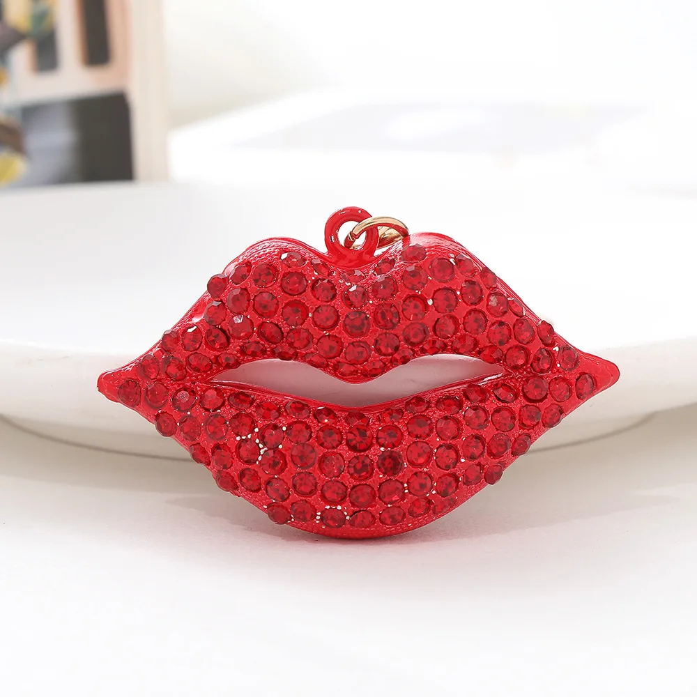 Hot Romantic Charming Lipstick Keychain Heart Lips Shaped Crystal Rhinestone Keychain Cubic