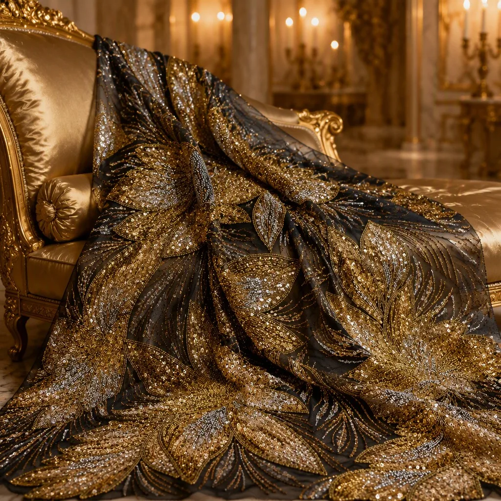 Luxury Gold Sequined Embroidery Mesh Fabric Beaded Floral Tulle Lace Sparkly Fabric for Evening Bridal Gowns Custom OEM
