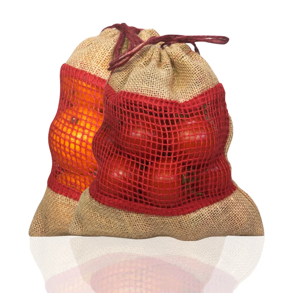 Eco Friendly Jute Pouch Bag with Red Net Window Drawstring Lightweight Sack  for Orange Vegetable Fruit Packing Wholesale