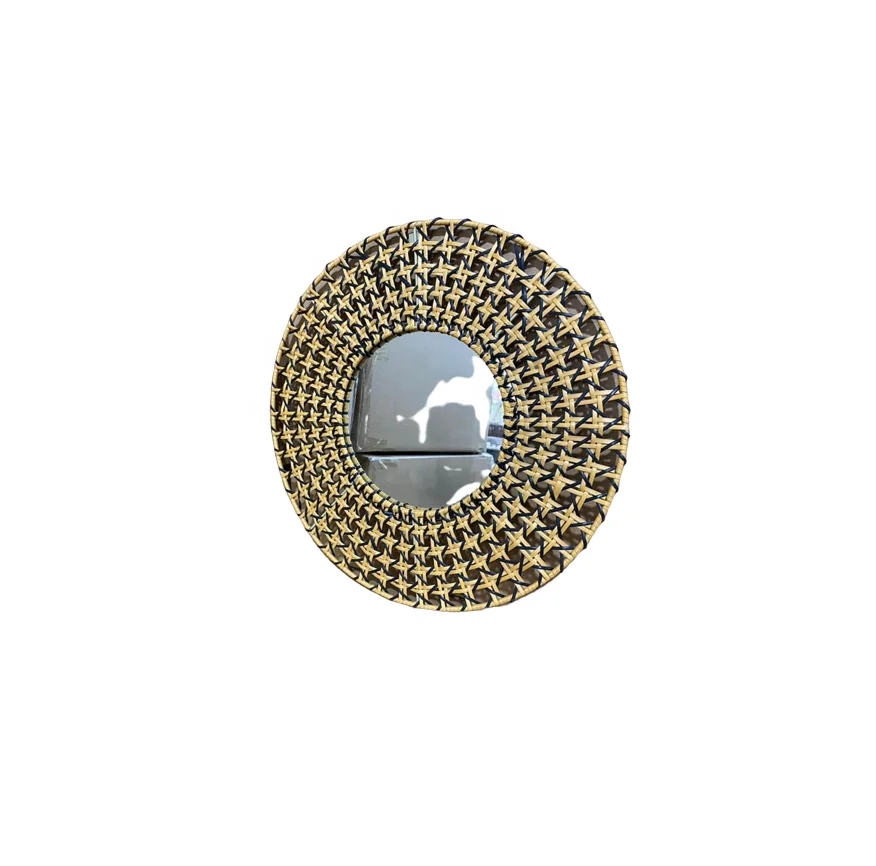 Handmade Modern Round Rattan Mirror with Cane Webbing Design Custom Size Wall Mirror Bathroom Hotel Home Restaurant Decoration