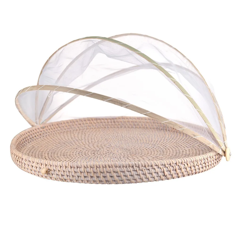 Colorful Bamboo Food Tray With Cover Kitchen Round Bamboo Food Cover Fly Net Handmade From
