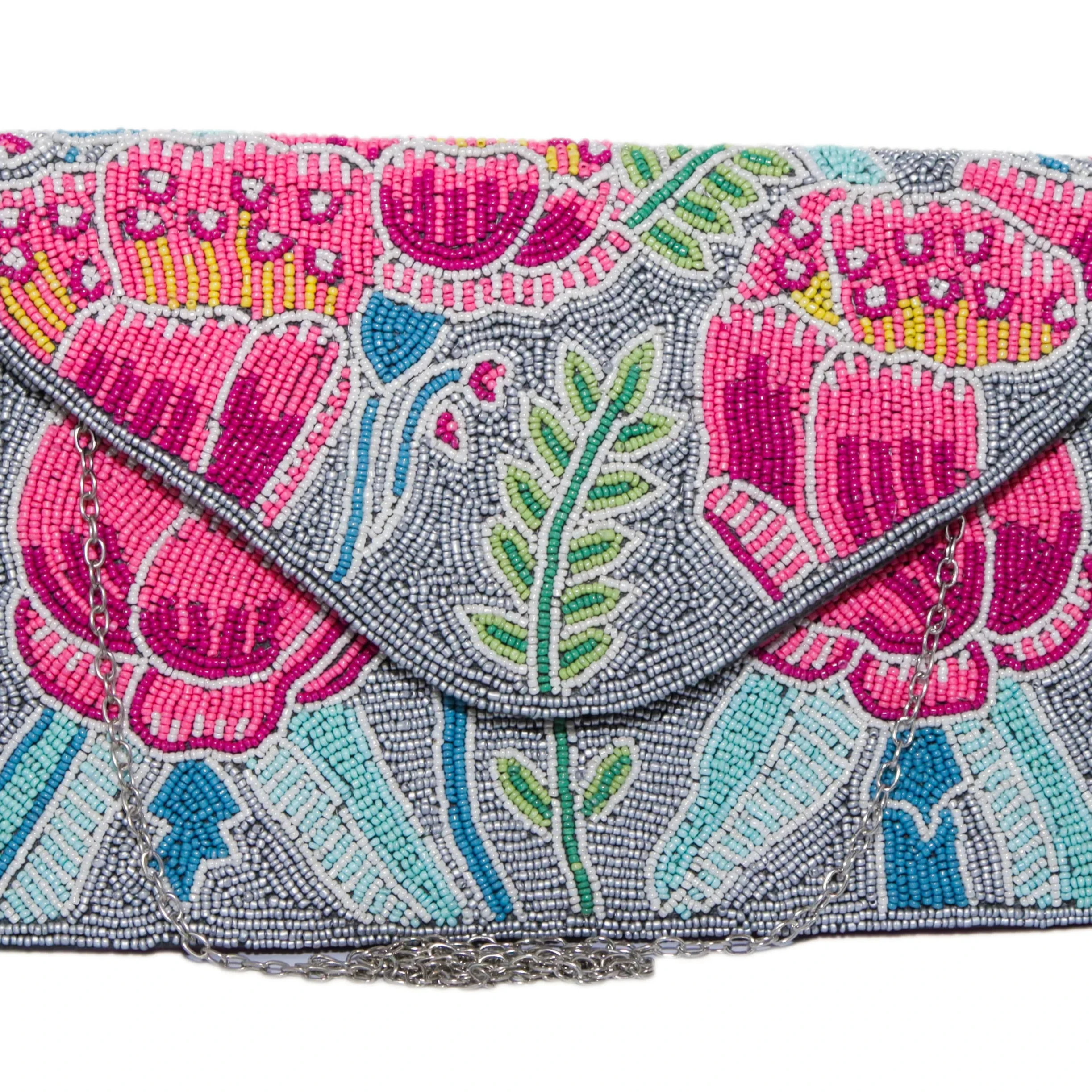 2026 New Fashion Handmade Embroidery Flowers Beaded Fringe Purse Zipper Soft Handwork Colorful Vintage Style Chain Strap