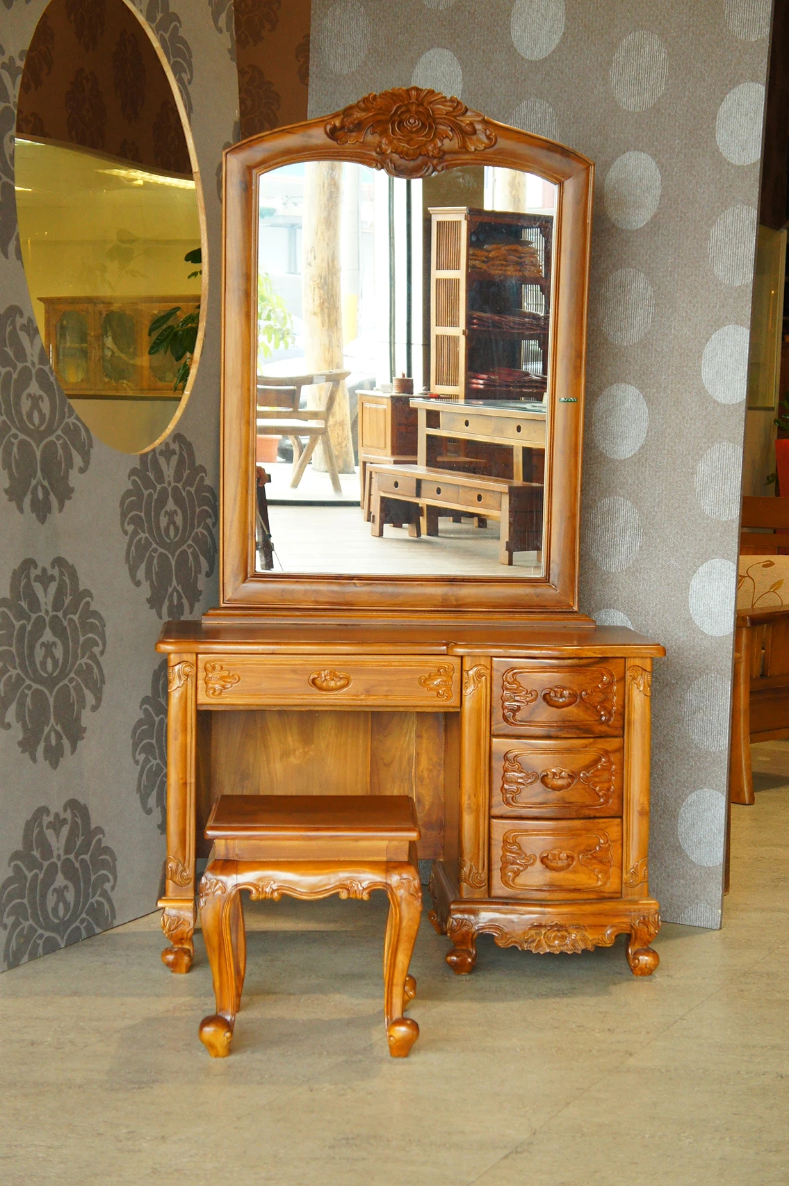 Functional and Gorgeous Handcrafted Dressing Table with Mirror and Dressing Stool with Roses Carving for Bedroom