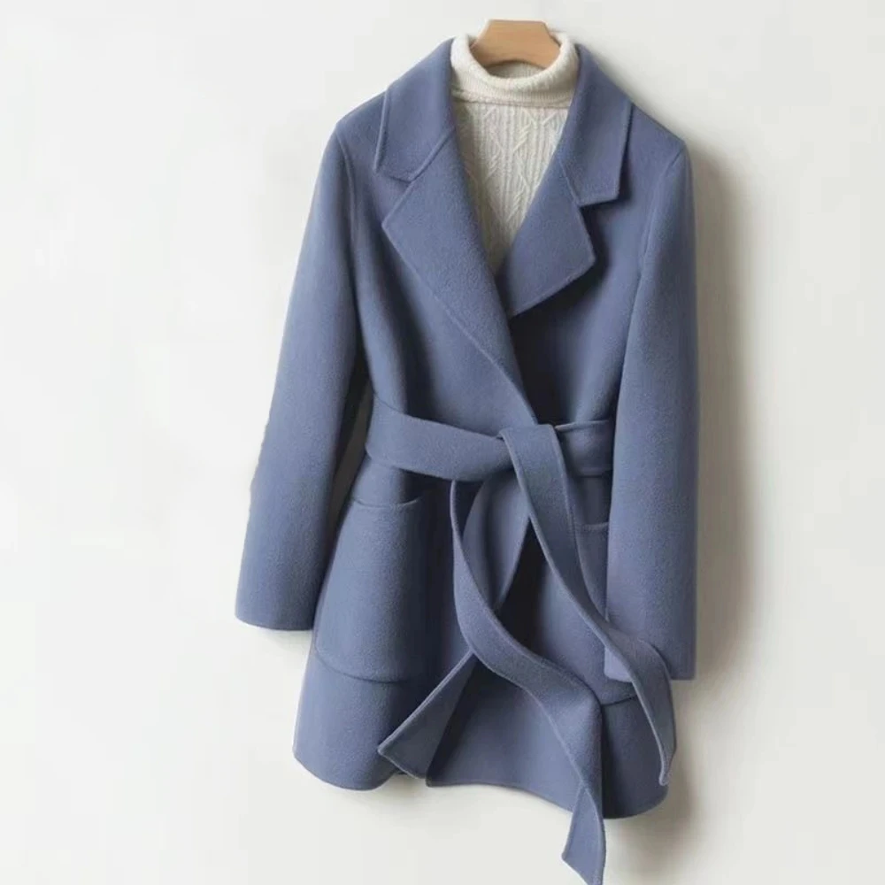 Trendy Ladies Casual Style Wool Blend Blue Trench Coat Long Cotton Breathable Outerwear - Image 5