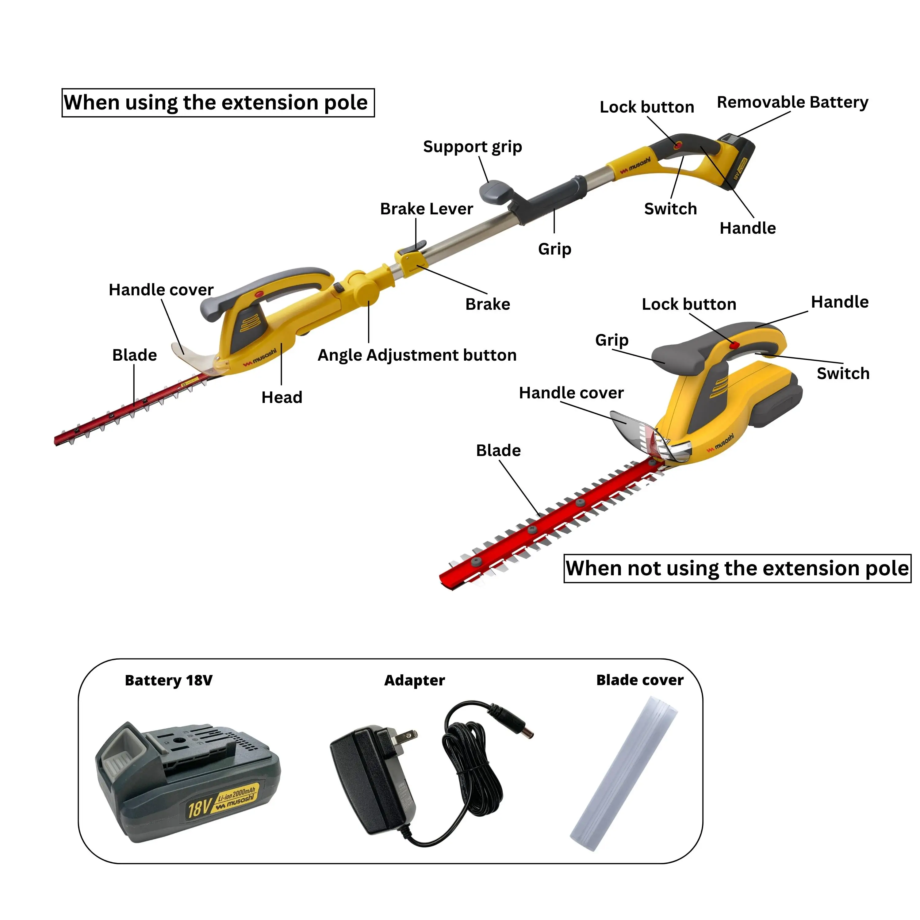 Musashi 18v Max Cordless Pole Hedge Trimmer For Garden Hedges Branches ...