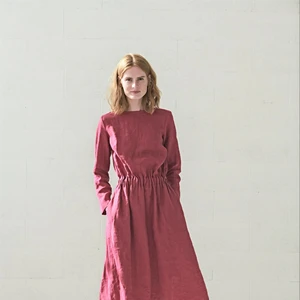Casual Boho-Style Mid-Length Linen Dress for Women O-Neck 3/4 Sleeves High Waist Woven Plain Dyed Vacation-Perfect Outfit