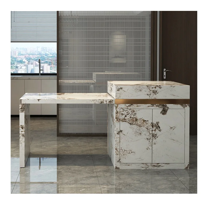 Light Luxury Telescopic Slate Island Dining Table Wood Grain Slate