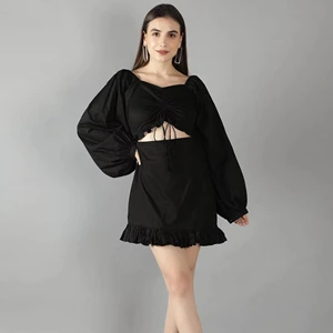 2025 New Arrivals Dress Women Clothing Manufacturing Basic Black Beauty Front Waist Cut Out Mini Dress Trendy Design Black