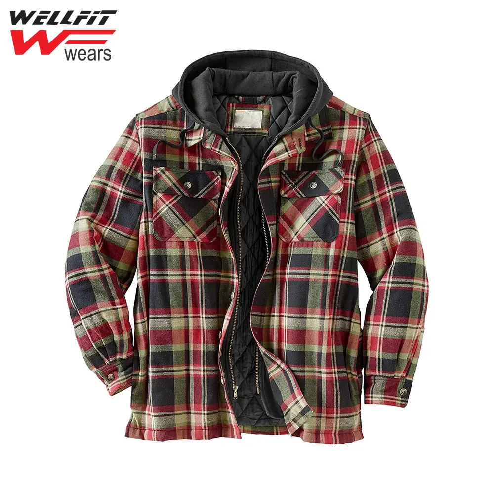 Men's Flannel Shirt Jacket With Removable Hood Plaid Quilted Lined ...