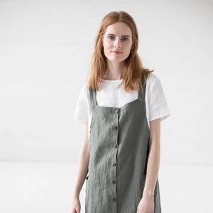Women's Comfortable Linen Short Pinafore Dress Button Dress Slip Soft Wash Custom Clothing for Vacation Woven Weaving Method