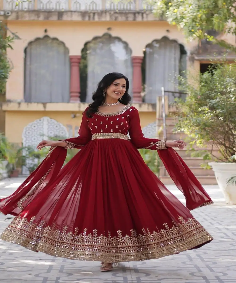 Fancy Anarkali gown with dupatta georgette embroidery lace work latest attractive trending gown in lowest price