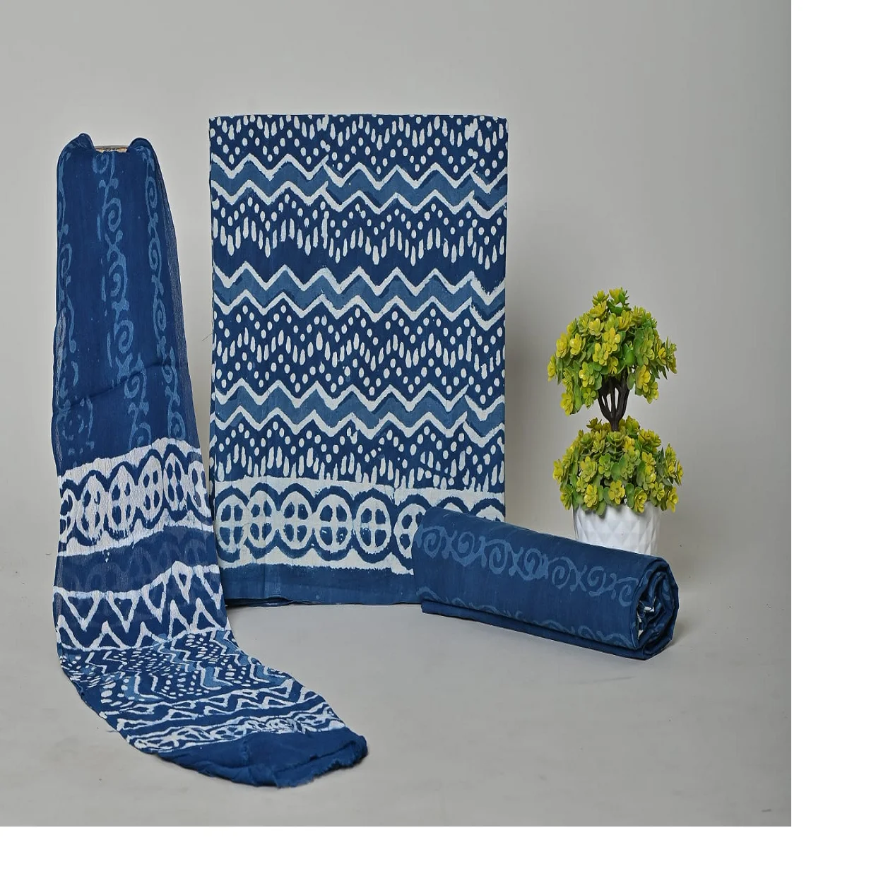 Custom Made Royal Blue Coloured Ikat Print Silk Screen Printed Cotton Fabric for Making Clothing and for Use As Home Textiles