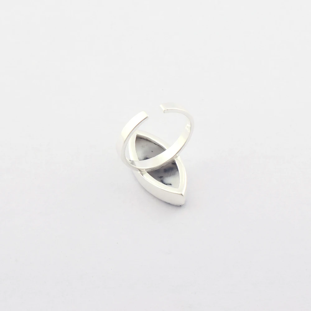 Simple Ring Natural Dendrite Opal Collet Setting Adjustable Ring Brass Silver Plated Marquise Shape Gemstone Back Open Band Ring