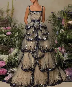 2026F/W Women's Luxury Dubai Heavy Sequin Embroidery Evening Dresses Top Sales Tiered Ruffles Sparkle Lace Decoration Chiffon