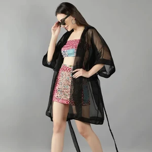 Black Organza Kimono Jacket With Mix Patch Print Skirt and Top Set Co Ord Set Summer Spring T Shirt Girl at Wholesale Price