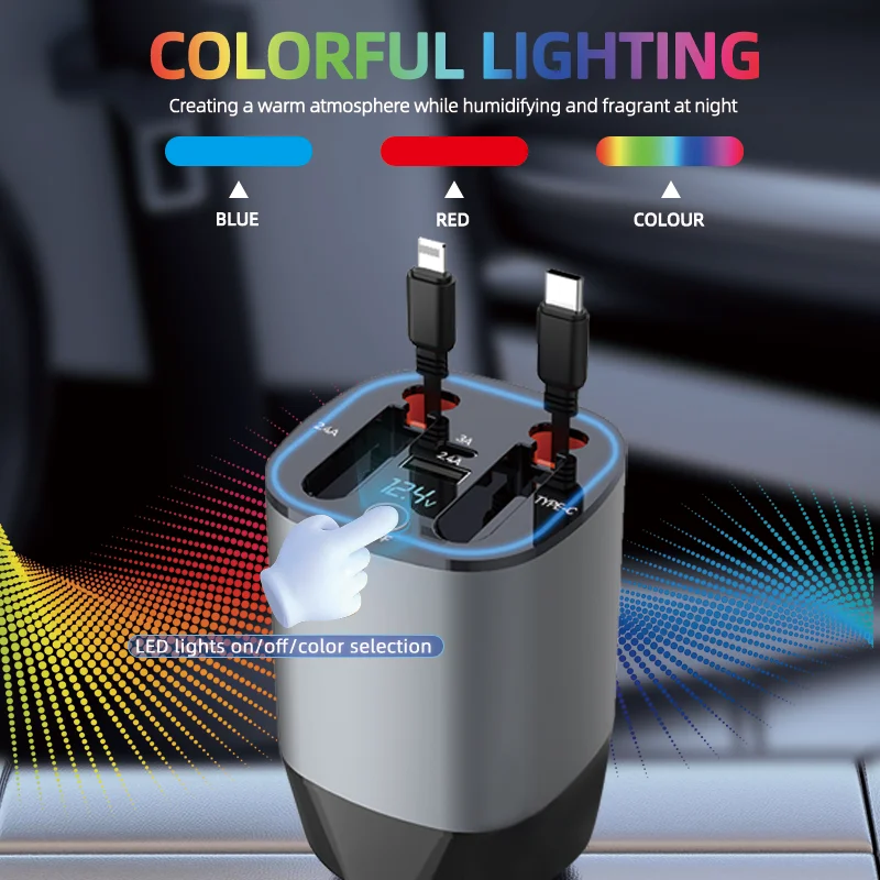 Retractable Car Charger Fast USB Car Phone 60W Double Type C Cables and 2 USB Ports Adapter