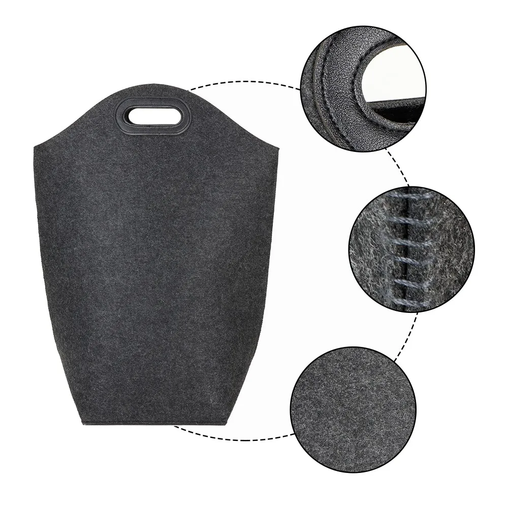Close detail of reinforced stitching on a felt laundry hamper