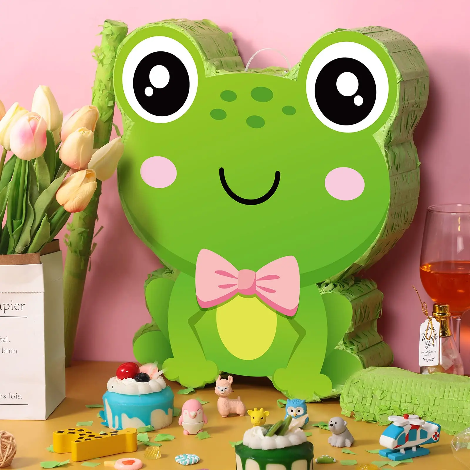 Green Frog Pinata with Blindfold Confetti and Stick Frog Pinata Set for Summer Boys Girls Kids Birthday Party Favors Decorations