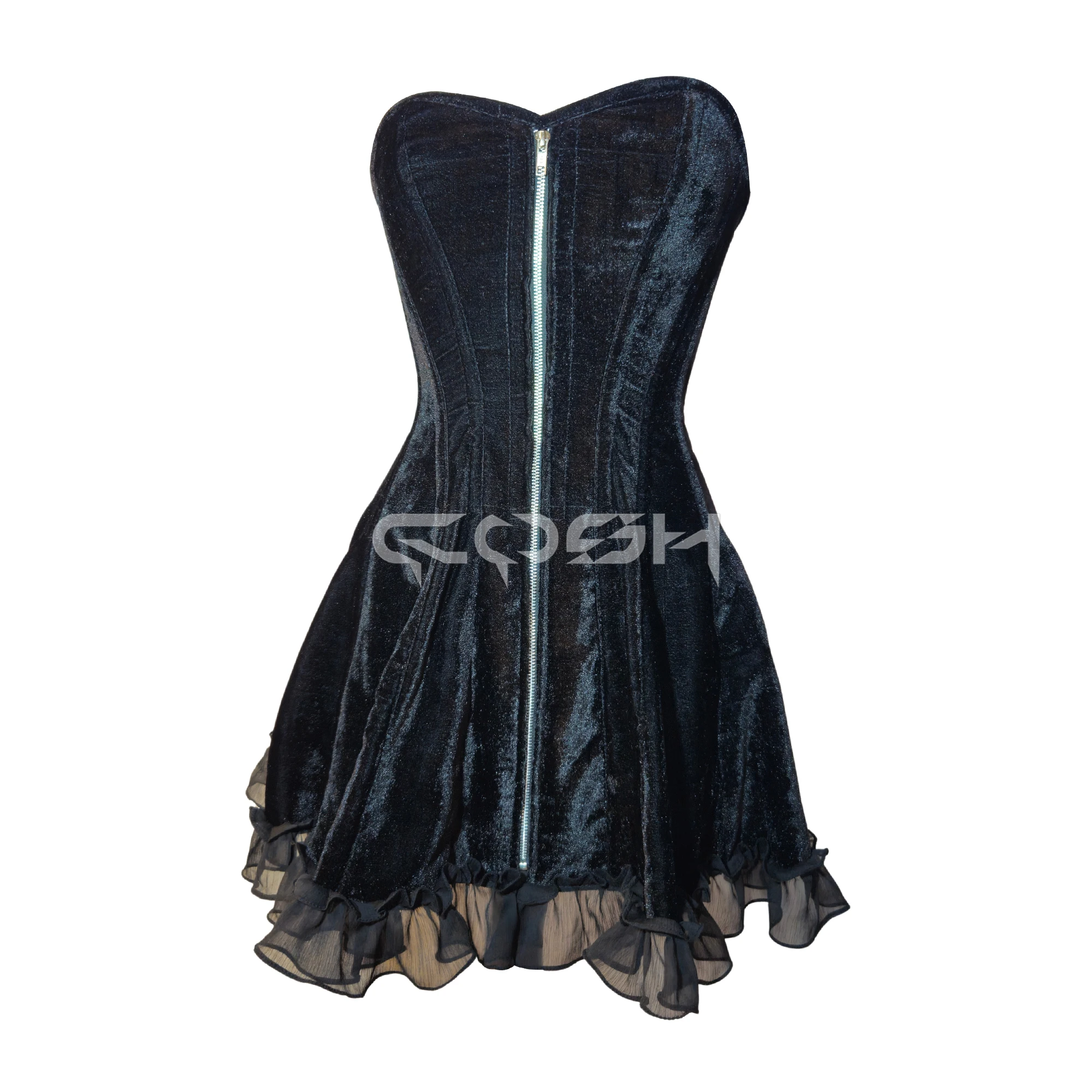 Extreme Curvy Customized Black Velvet Mini Corset Dress With Lace Frill, Zipper Front & Laced Up Extreme Curvy Customized Black Velvet Mini Corset Dress With Lace Frill, Zipper Front & Laced Up