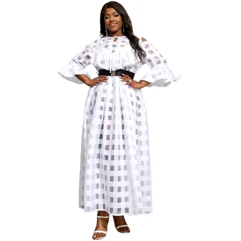 Flare Sleeves Cold Shoulder See Through A Line Women Casual Dress with Belt