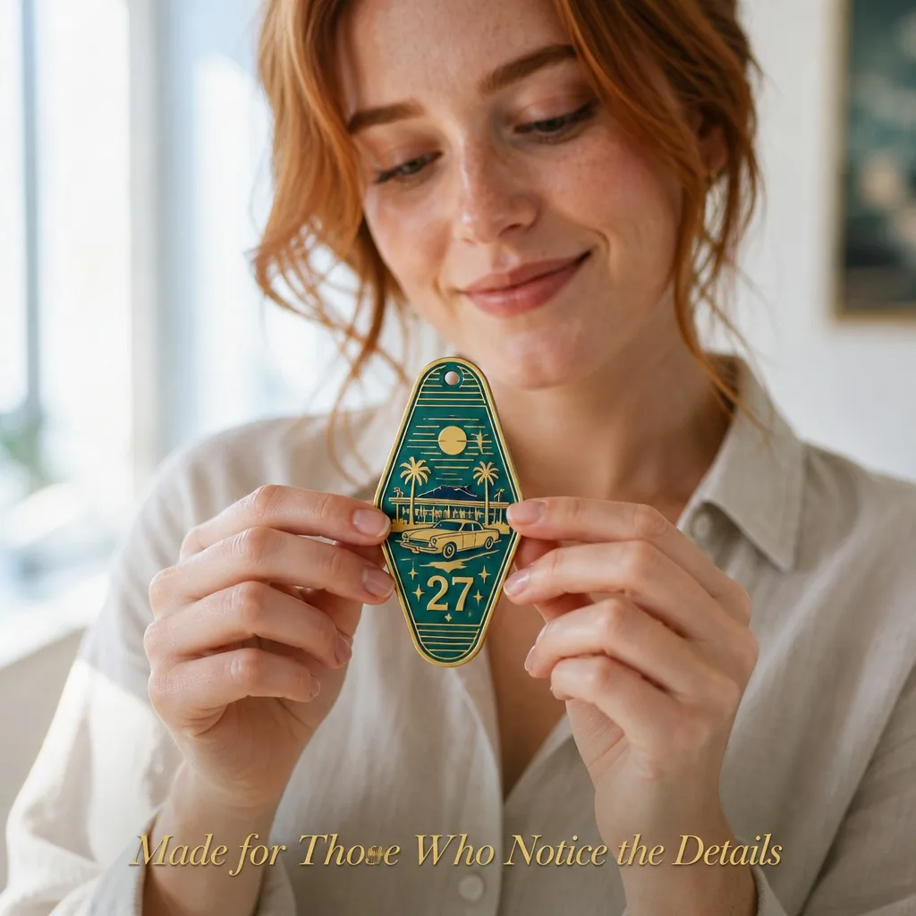 Woman holding motel key tag — Made for Those Who Notice the Details