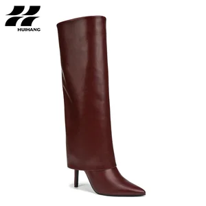 Women's Trendy PU Leather Knee-High Stiletto Boots with Fold-Over Design Pointed Toe for Fall/Winter Evening & Party Looks