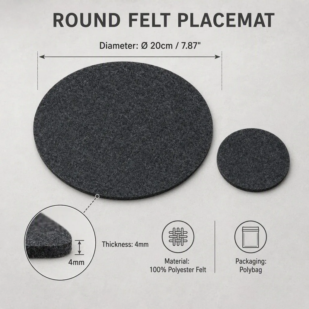 Round felt placemat specification graphic showing diameter 20 cm / 7.87 in, 4 mm thickness, 100% polyester felt and polybag packaging