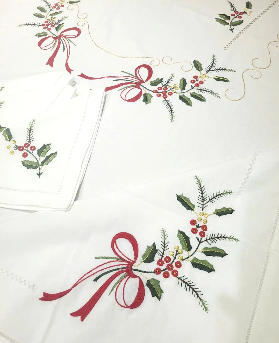 Custom Embroidered Holly and Red Bow Christmas White Cotton Tablecloth Hemstitch Tablecloth Home Hotel Restaurant Holidays Use