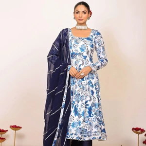 2025 Trending Design Blue And White Floral Printed Anarkali Suit Set Paired With Pant And Dark Blue Dupatta For Women & Girls