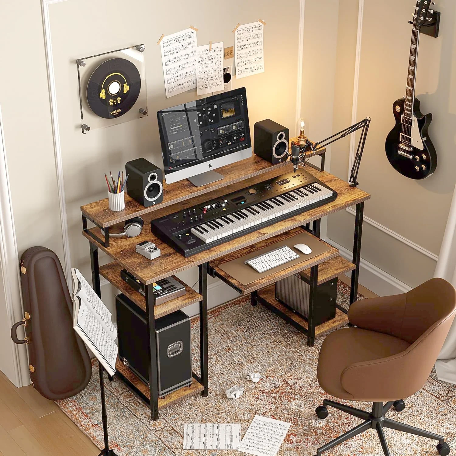 Computer Desk with Keyboard Tray and Storage Shelves  Music Studio Desk Workstation for Home Office