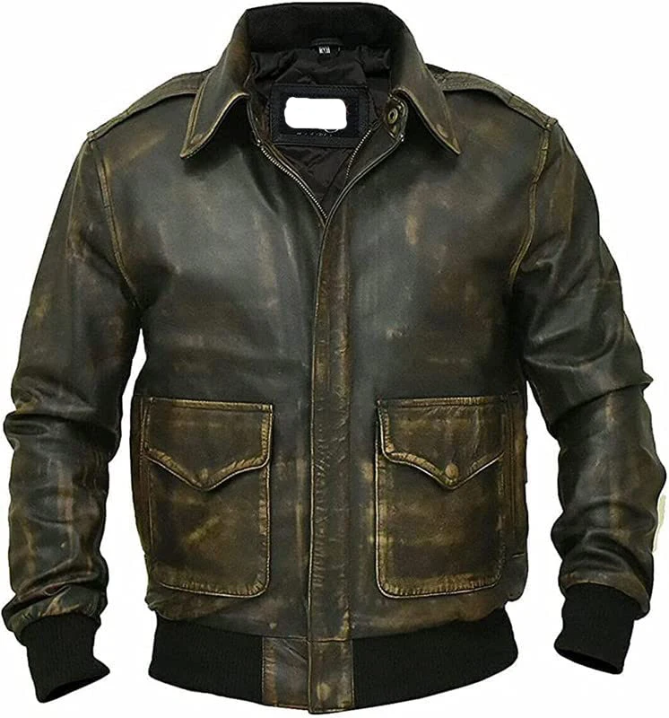 Mythreshold Aviator A-2 Distressed Brown Cowhide Leather Bomber Jacket Men