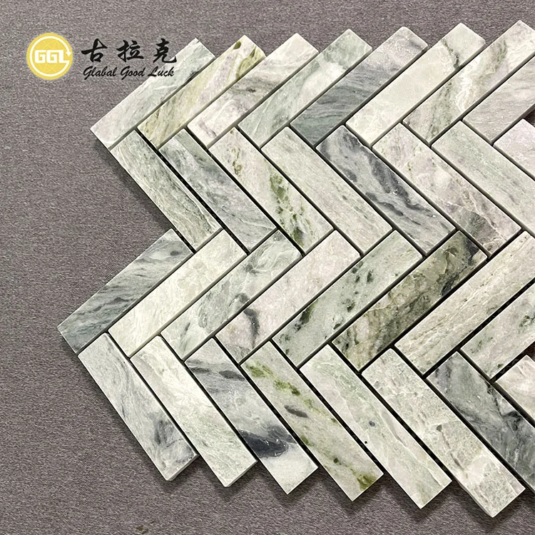 Interior Wall Tile Herringbone Design Green Marble Mosaic Tile for Interior Room factory