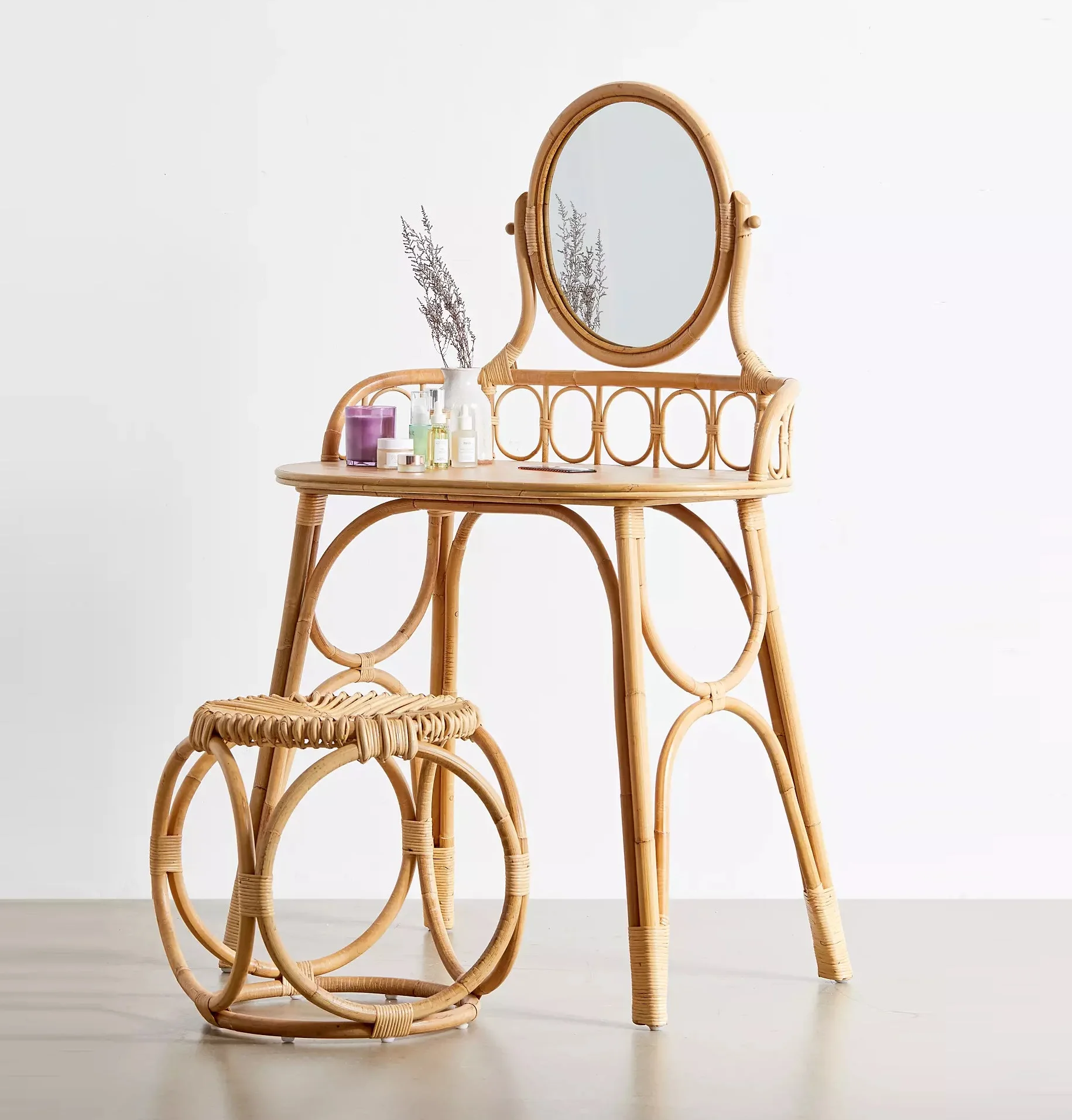 Modern rattan dressing table and stool set with mirror home decor furniture wicker dressing tables