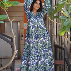 Hand Block Printed Dress Indian Tunics Indian Cotton Long Gown V-neck Long Sleeves Casual Wear Long Maxi Dress For Women