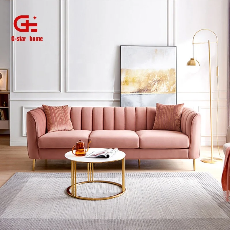 Design moderno divano in velluto rosa mobili divano a tre posti a