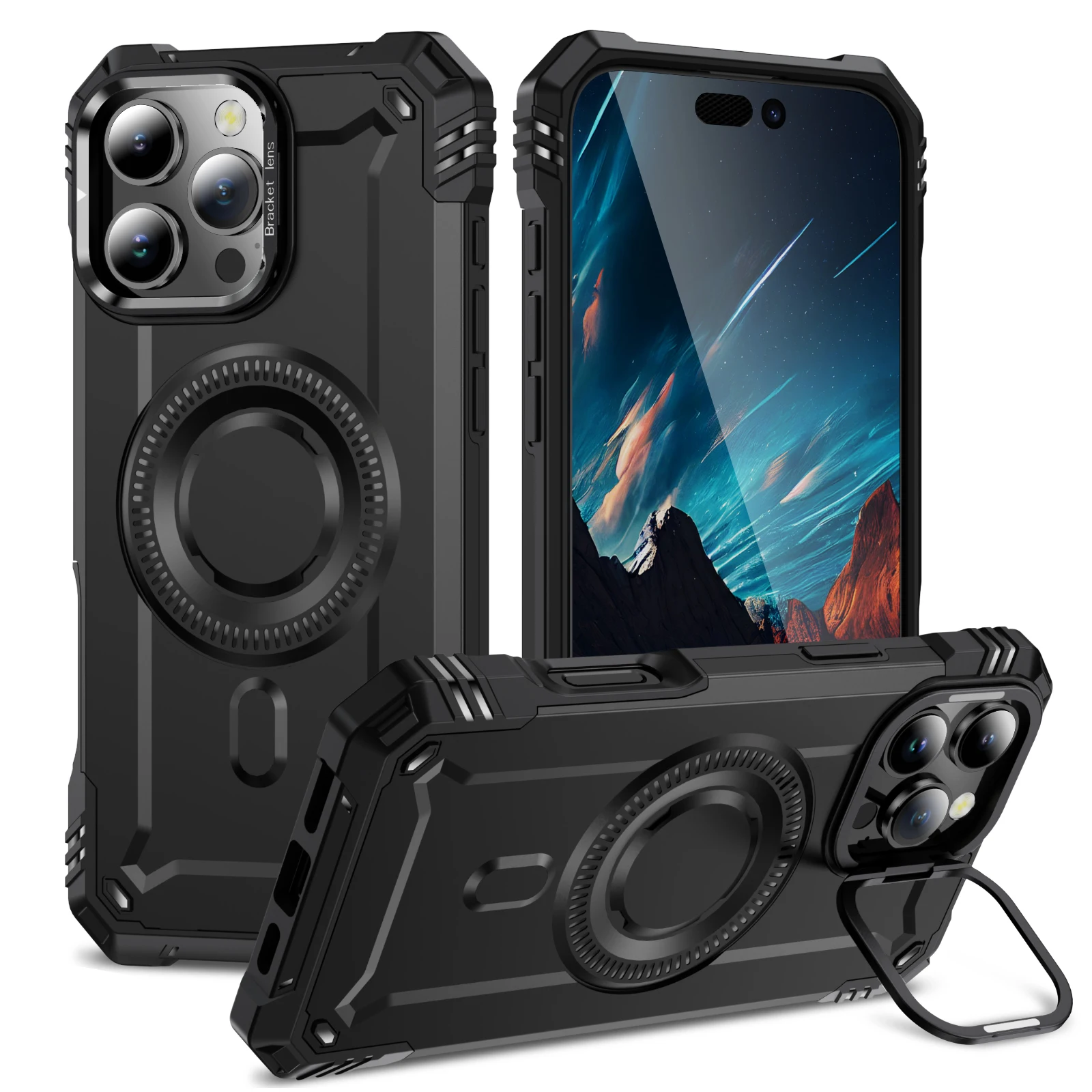 Fashion Cool Metal Camera Frame and Kickstand Wireless Charging Magnetic Bracket Phone Case for iphone 16 Plus Pro Max 15 14 13