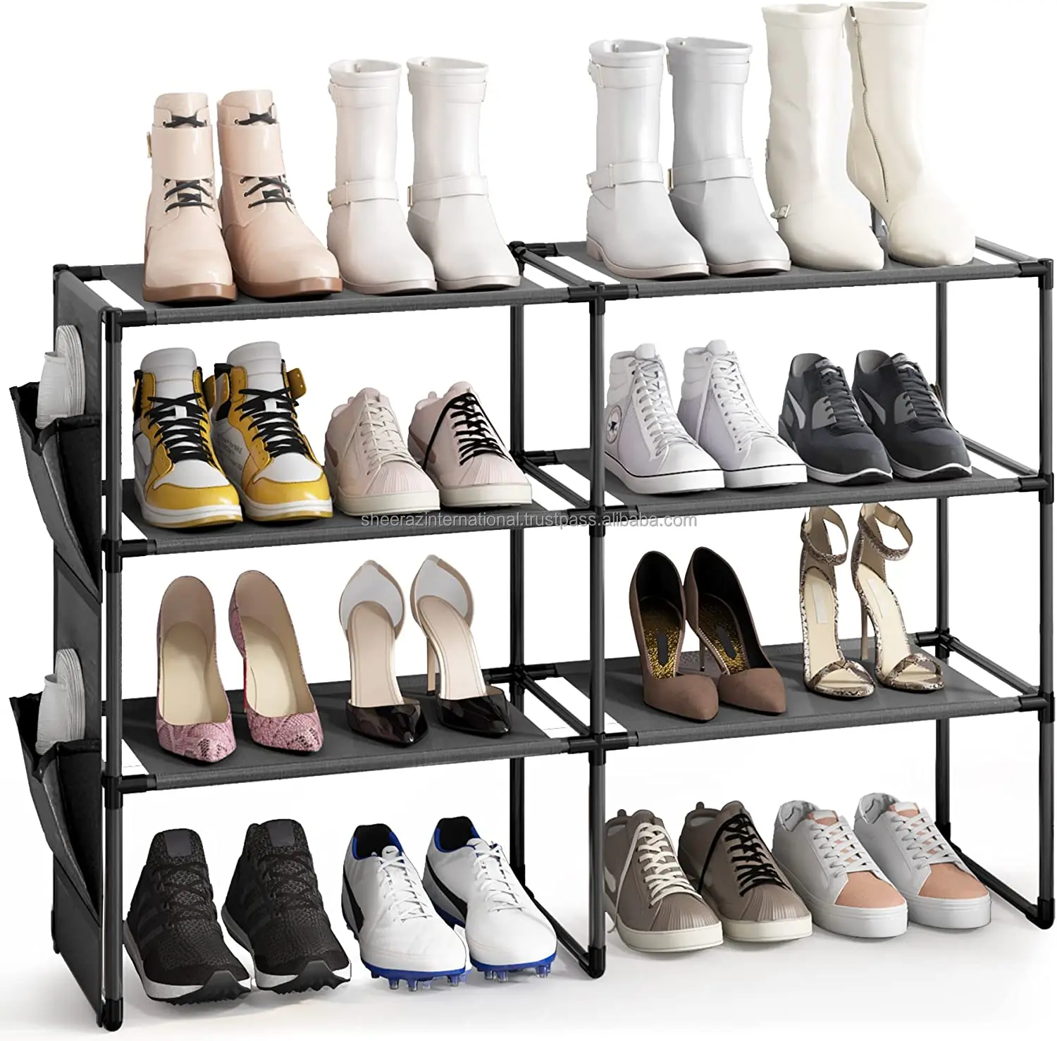 Metal Shoe Rack In Gold Finish With Seat & Shelf Large Organizer Shelf