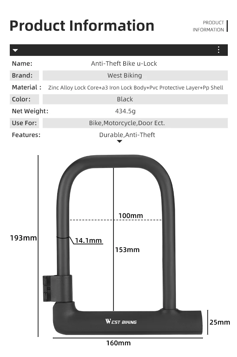 West Biking Antitheft U Lock Mtb Road Mountain Bike Motorcycle Lock