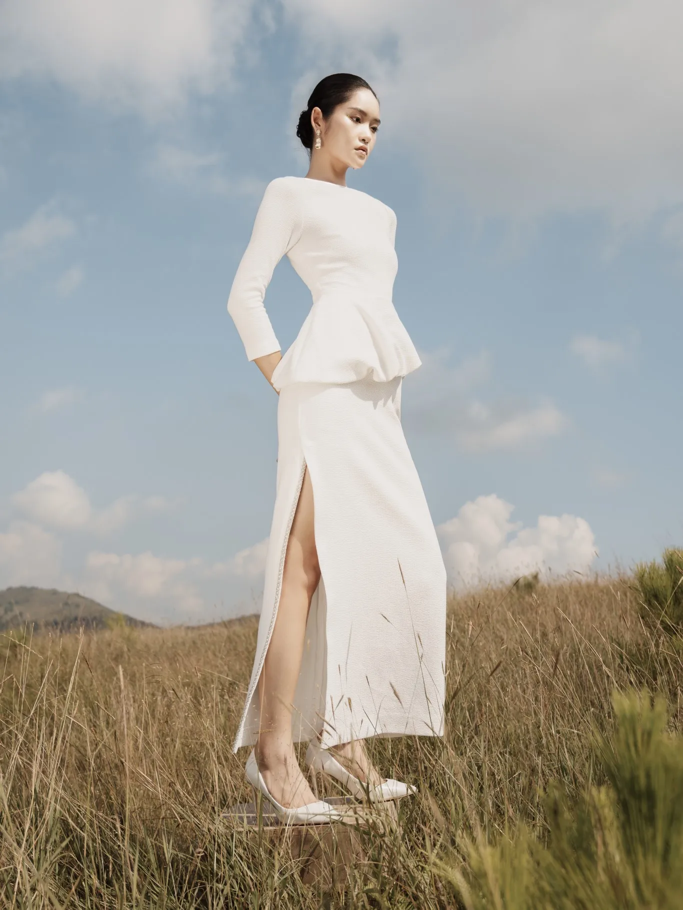 Unique Design ELFEDA PEPLUM DRESS Women's Dresses Boat Neck Long Sleeve Cotton Blend Jersey Fabric Custom Labels WHITEANT