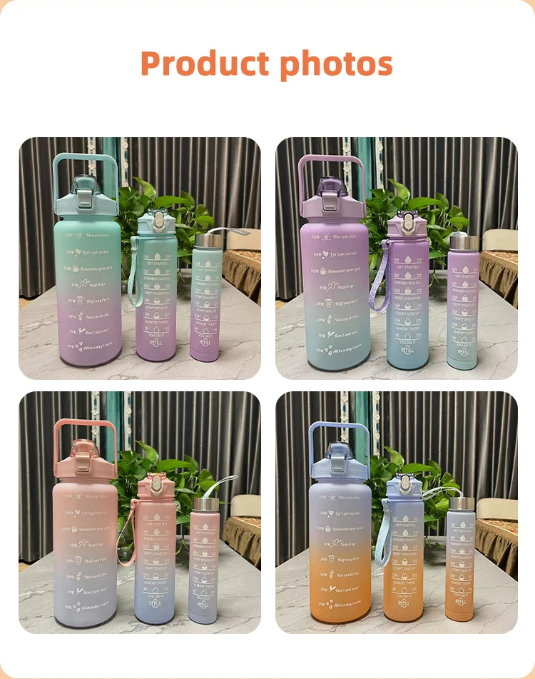 3 Pcs In 1 Set 2L 64oz Drinking Plastic Sport With Straw And Handgrip BPA Free Gym Fitness Water Bottles 2L 0.9L 0.3L