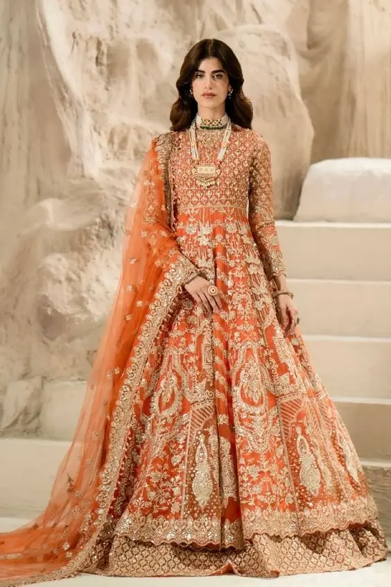Stylish Orange Anarkali Lehenga & Dupatta Dress with Heavy Dabka, Pearls &  Resham Embroidery for Weddings 2024