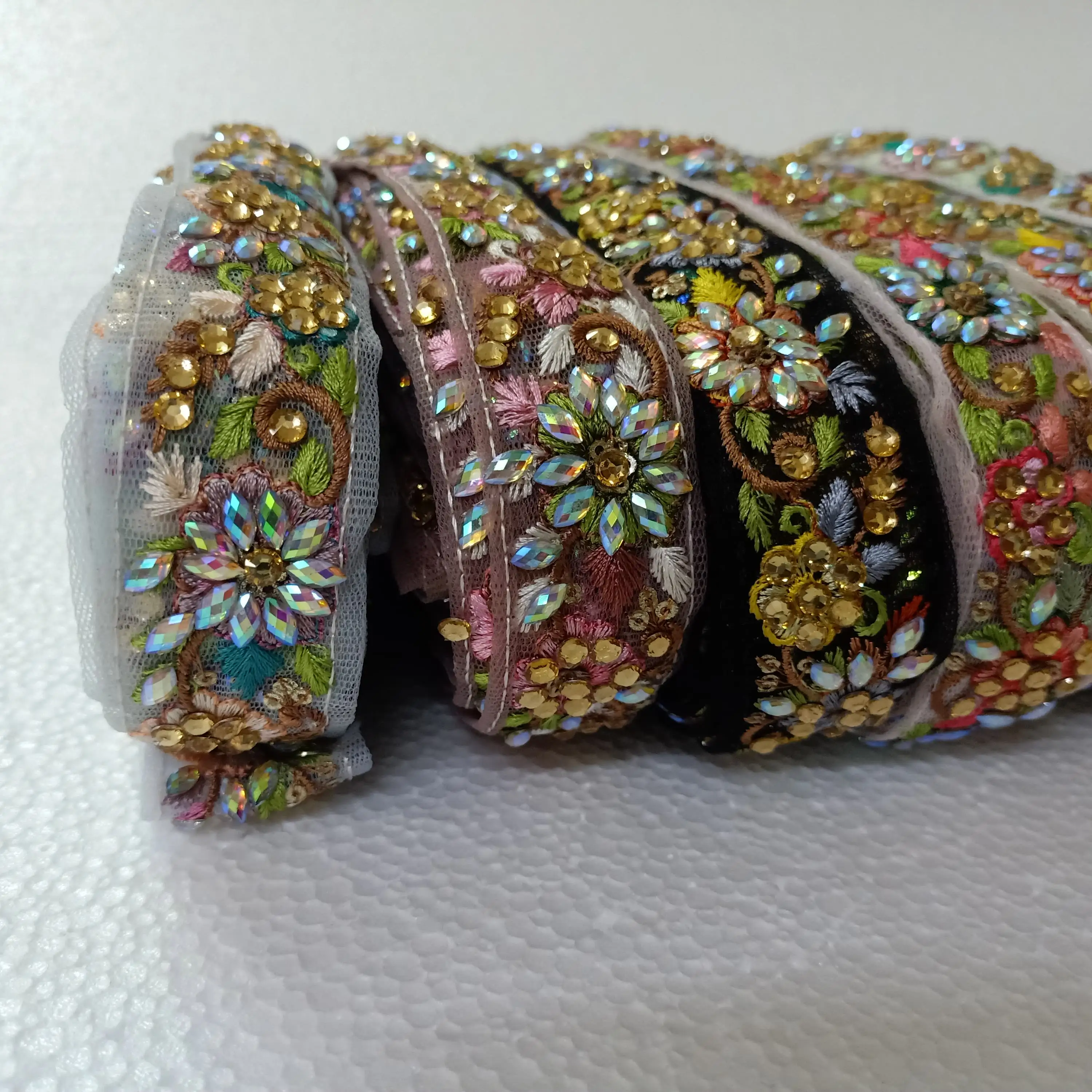 Custom Made Floral Embroidered Laces with Stone Work Ideal for Dress Designers and Clothing Designers with Mirror Work