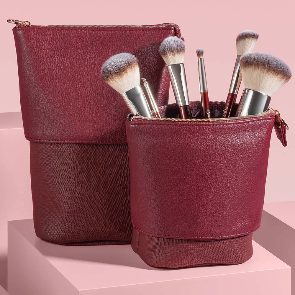 Luxury Leather Standup Makeup Brush Holder Portable Stretchable PU Cosmetic Storage Pouch Bag