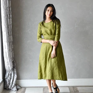 High Quality Custom Green Giza Cotton Midi Dress Elegant Long Wrap Multiway Long Sleeve Pockets Eco-Friendly Breathable Natural