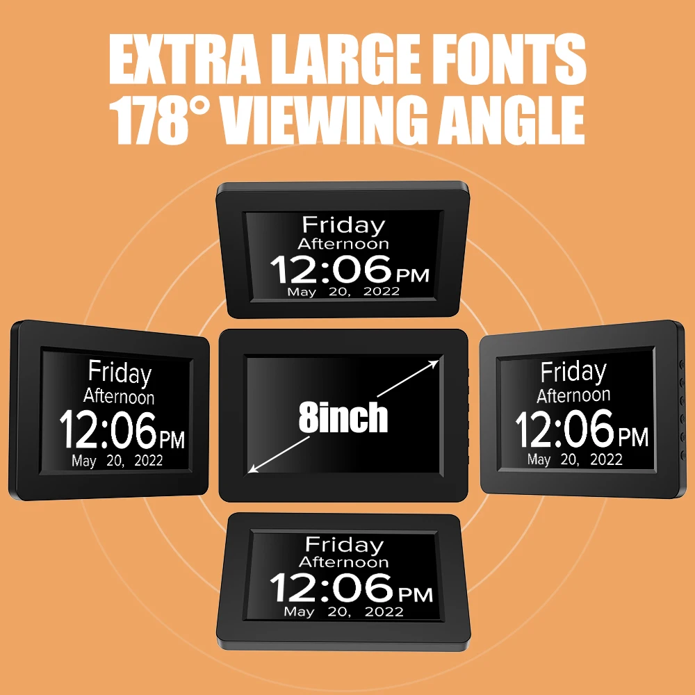 CHEETIE CP047 LCD Big Screen Electronic 8 Inch Multi Language Dementia Calendar Alarm Table Clock With Stand