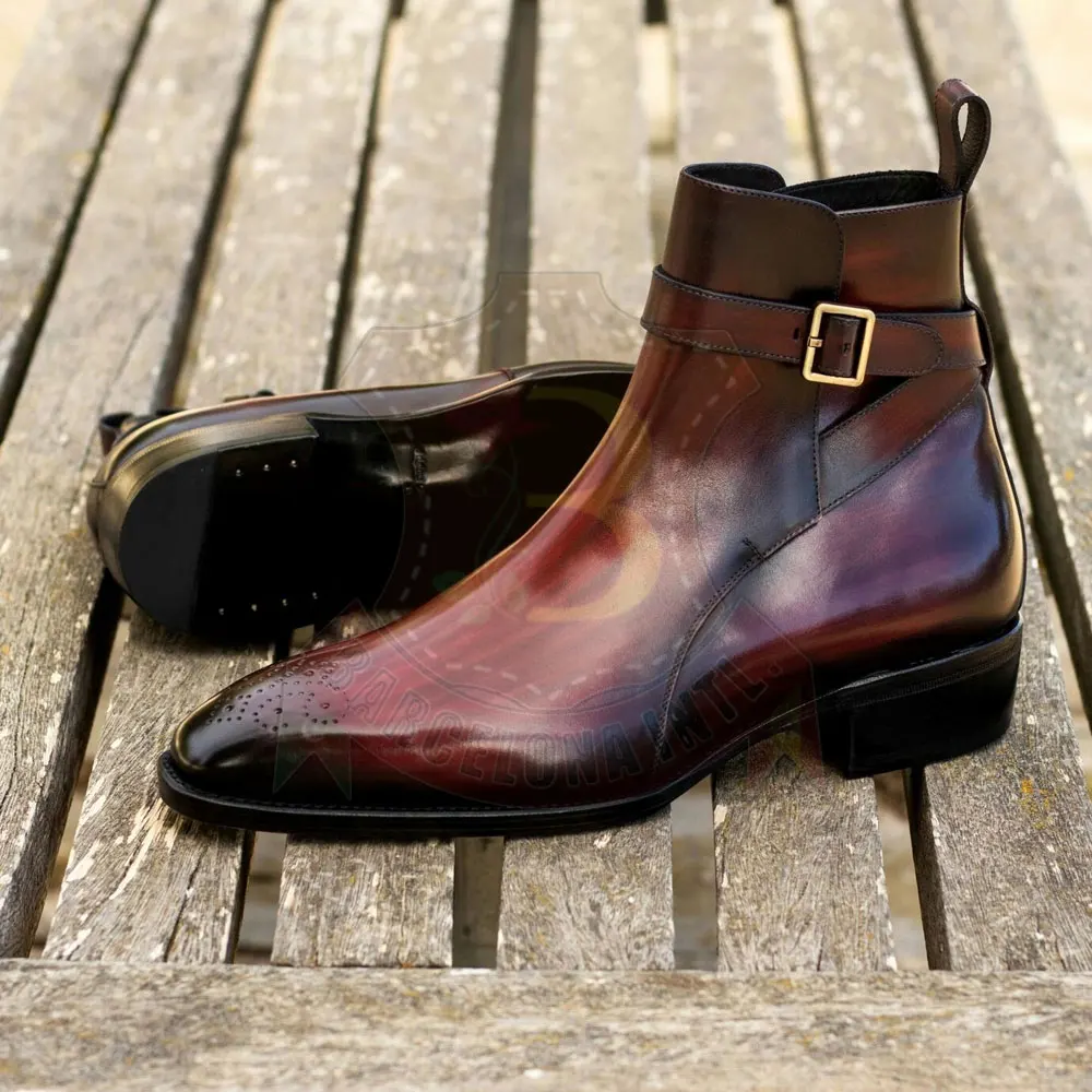 Men High Top Boots Leather With Inner Zip Metal Top Flat Monk Strap