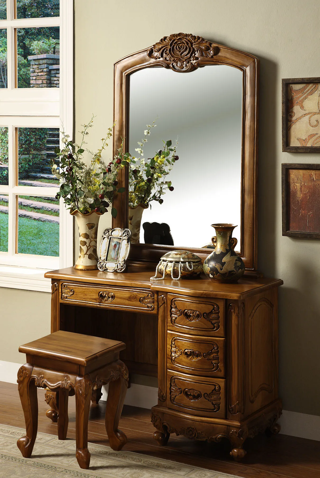 Functional and Gorgeous Handcrafted Dressing Table with Mirror and Dressing Stool with Roses Carving for Bedroom