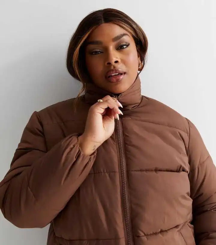 Curves Dark Brown Boxy Puffer Jacket for Winter Plus Size Long