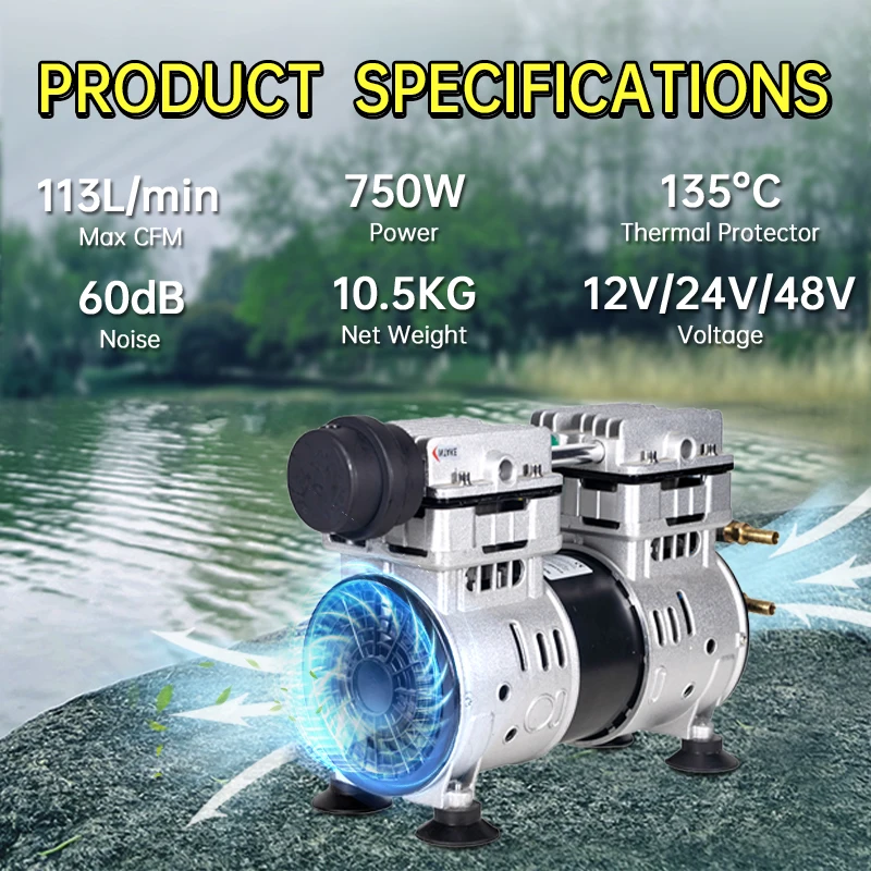 Solar Compressor Filter 1HP Oil-Free Piston Air Compressor for Pond Aeration - 750W Portable ...