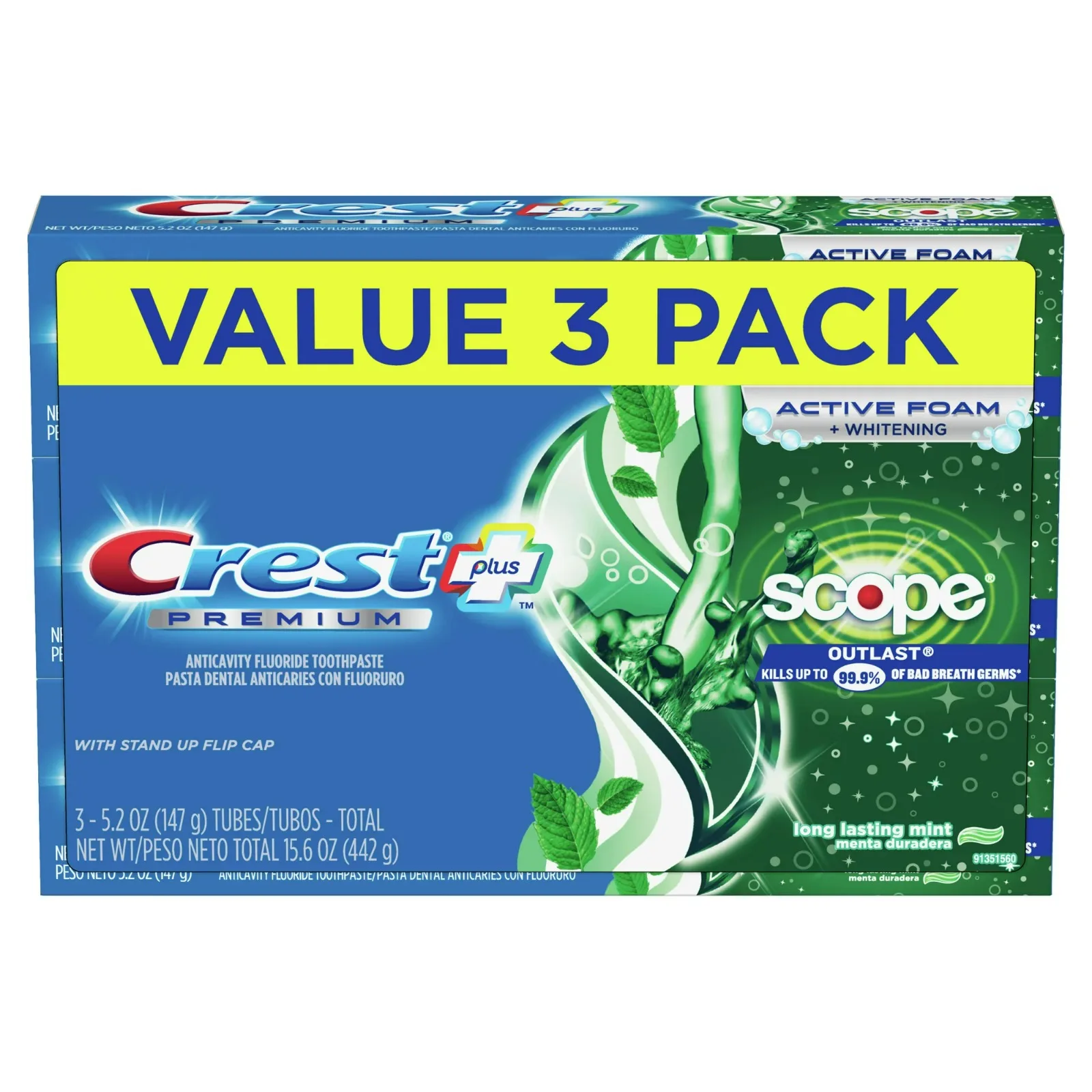 Crest Premium Plus Scope Outlast Toothpaste,Long Lasting Mint Flavor 5. ...